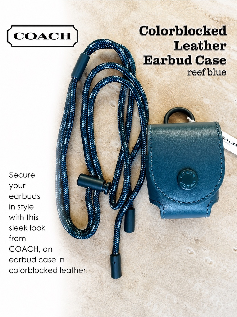 Coach Reef Blue Leather 𝐍𝐖𝐓 Earbud Case with Lanyard strap NEW
